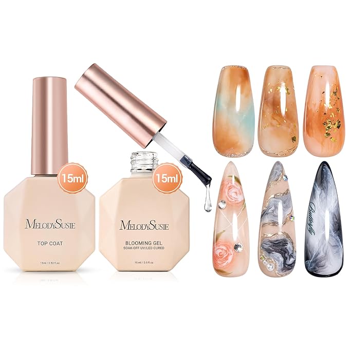 MelodySusie 2PCS Clear Blooming Gel and Top Coat Set for Nail Design, Marble Watercolor UV Gel Nail Polish, Spreading Effect Sheer Painting Gel Nail Art Supplies, Nail Salon Manicure at Home for Women