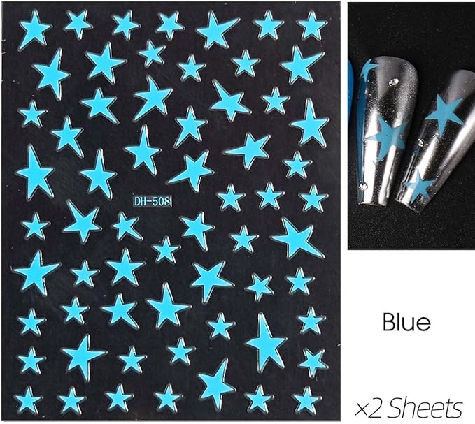 14 Sheets Star Nail Art Stickers, 7 Colors 3D Self-Adhesive Nail Decals with Gold Silver Black White Blue Pink Holographic Stars, 4th of July DIY Manicure Accessories for Women & Girls