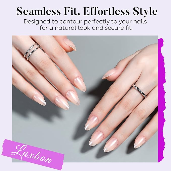 Luxbon Almond Press On Nails with No-Cure Nail Glue and Tool Kit – French Manicure Glue On Nails 30-32pcs Full Size Set, Reusable Fake Nails for Women, Fit Perfectly, Pearlescent Pink