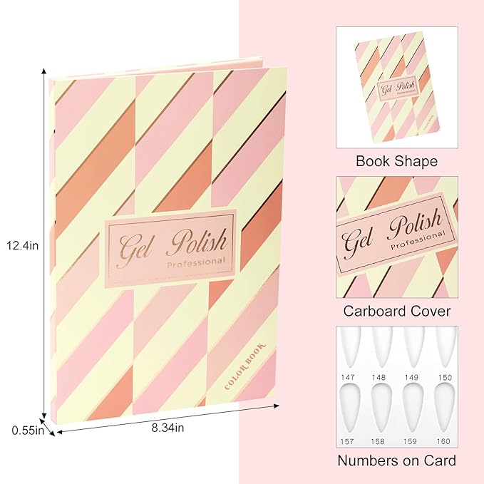 160 Nail Color Book,with 240 Flase Tips & 1-200 Number Sticker Labels,Professional Nail Color Swatches Book for Polish UV Gel(Pink)