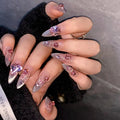 WOMHOPE Press on Nails Handmade Full Cover False Nails with Rhinestone Vintage Flower Aurora Acrylic Nails for Women and Girls 10pcs/Box Long Almond,Coffin (Pink cat's eye, Small)