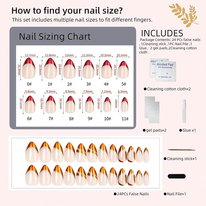 Press On Nails, Long Almond Shape, Gold Swirl Design, Nude & Metallic Finish, Reusable Fake Nails Set