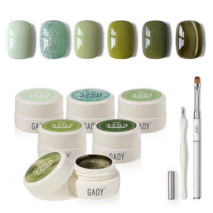 GAOY Olive Green Gel Nail Polish Set, 6 Glitter Cat Eye Mixed Shades UV Gel Polish with Magnet, for Salon Manicure & Nail Art DIY, Serenity Forest