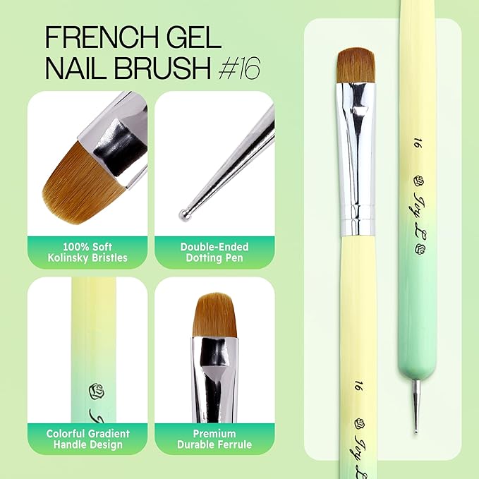 Ivy-L Premium 2 Ways French Gel Acrylic Nail Art Kolinsky Brush with Dotting Tool for Professional Manicure Nail Art Design Cuticle Clean-up + Lime Green Wood Handle (Size 16)