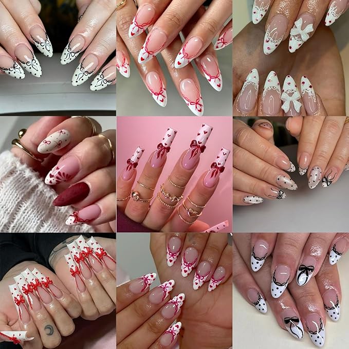 6 Sheets French Tip Nail Sticker for Nails Art Valentines Nail Art Stickers Black White Red French Tip Bow Designs 3D Self-Adhesive Cute Nail Decals for Women Manicure Decorations Supplies