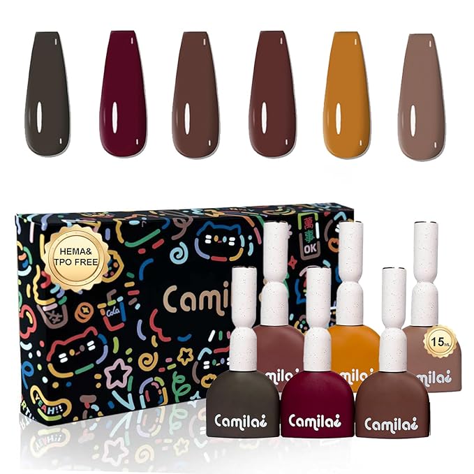 CAMILA ¿ 6pcs 15ml Hema Free Tpo Free Brown Gel Polish Set Red Pink Dark Brown Coffee Khaki Caramel Soak Off Gel Polish Gift For Women Salon Manicure H Set
