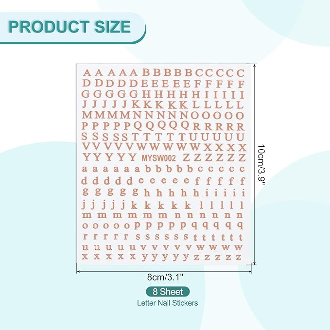 PATIKIL Letter Nail Stickers, 8 Sheet 3D Self-Adhesive English Letter Nail Decals Small Alphabet Art Sticker Metallic Fluorescence Design Manicure for Women DIY Decor, Rose Gold