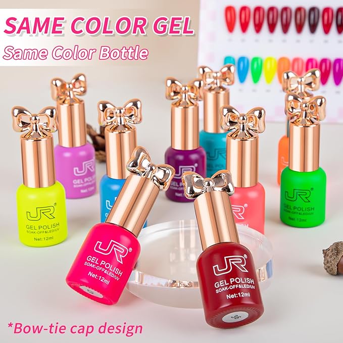 JR Gel Nail Polish 10pcs 0.4oz Neon Gel Nail Polish Set Vibrant Neon Colors Nail Art Kit for Rave & Summer Festivals, Elegant Bow Bottle Design, Quick Dry & Chip-Resistant Gifts for Women E Model
