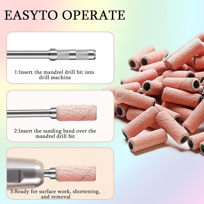 100pcs Nail Drill Bits Small Sanding Bands with Upgrade 3.1mm Mandrel Bit,180 Fine Grit Nail File Sanding Bands for Acrylic Nails Gel Removing Shaping Manicures and Pedicure(Pink, 180 Grit)