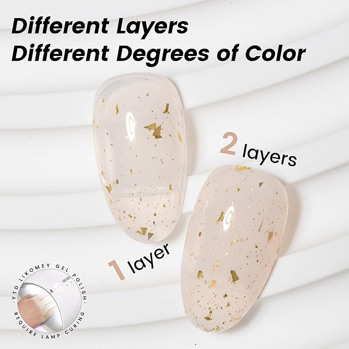 YTD Likomey Nude Gel Nail Polish,15ml Nude Pink Gold Foil Translucent Neutral Jelly Sheer Gold Flakes Pastel Pink Glitter Salon Home DIY Nails Art UV Nail Gel Varnish,LS09