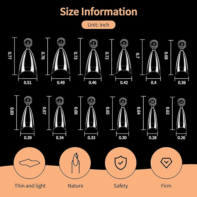 Almond Nail Tips,Soft Gel Almond X Press On Nails,300PCS Acrylic Nail Tips Half Cover Clear Gel Press on Flase Nail Tip for Extension 12Sizes