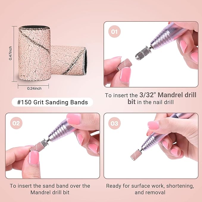 MelodySusie 100 Pcs Nail Drill Bits Sanding Bands for Nail Drill 150 Medium Grit Nail File Sanding Bands for Acrylic Nails Gel Manicures and Pedicure