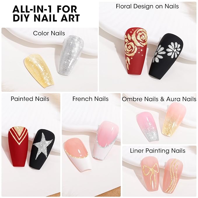 GELLEN Painting Gel for Nails, Metal Platinum Reflective Glitter Gold Gel Polish Drawing French-tip Floral Painted Liner Soak Off Lamp Cured for Salon DIY Nail Art, Hema-free, Champagne & Silver