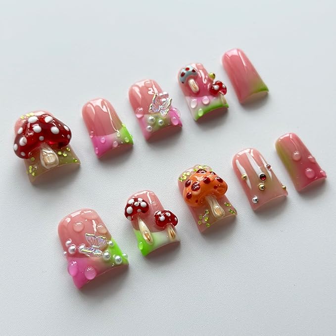 Handmade Press on Nails Short Duck 3D Unique Reusable ABS Material Fake Nails French Tip Luxury False Nails with Designs Mushroom Butterfly Colorful Cute Glossy Glue on Thick Acrylic Nails(S)