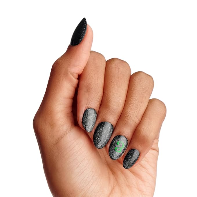 WICKED X KISS Press On Nails Almond, ‘I Look Good in Green’, Green, Short, Waterproof, Chip Proof, Smudge Proof, 28 Fake Nails, Pink Gel Nail Glue (2g), Mini Nail File, & Manicure Stick