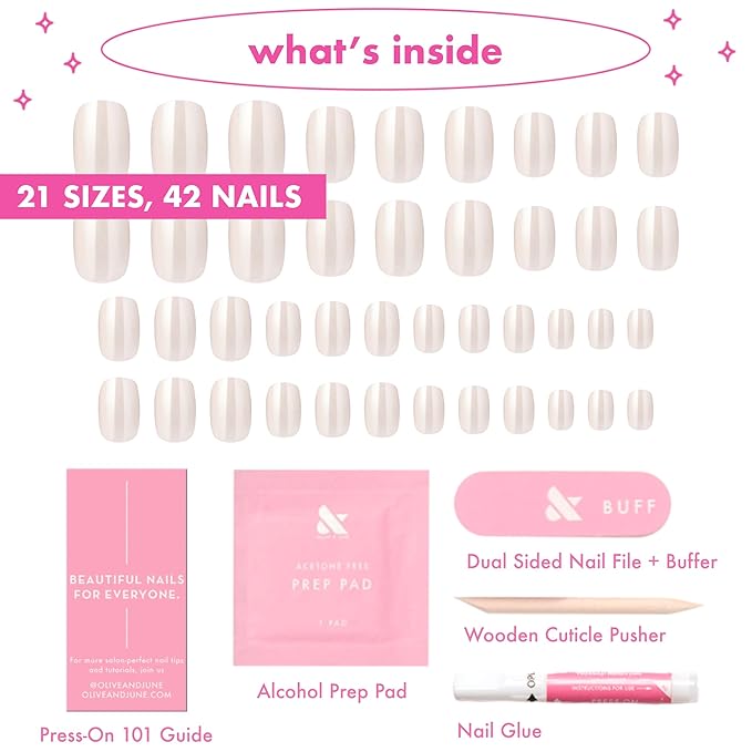 Olive & June Instant Mani Press-On Nails (Glue) | 42 Fake Nails, 21 Sizes | Non-Toxic, Long-Lasting Recycled Materials Realistic Look | Extra Short, Round | Extra Cheese Please w/stickers
