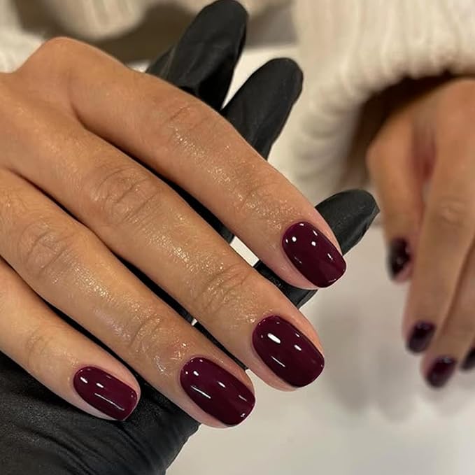 Burgundy Red Press on Nails Short Square, Natural Short Gel Nails Glue on Acrylic Nails Press ons, 48Pcs Thick Reusable Fake Nails for Women, Short Coffin Artificial Nails New Solid Color Square Nails