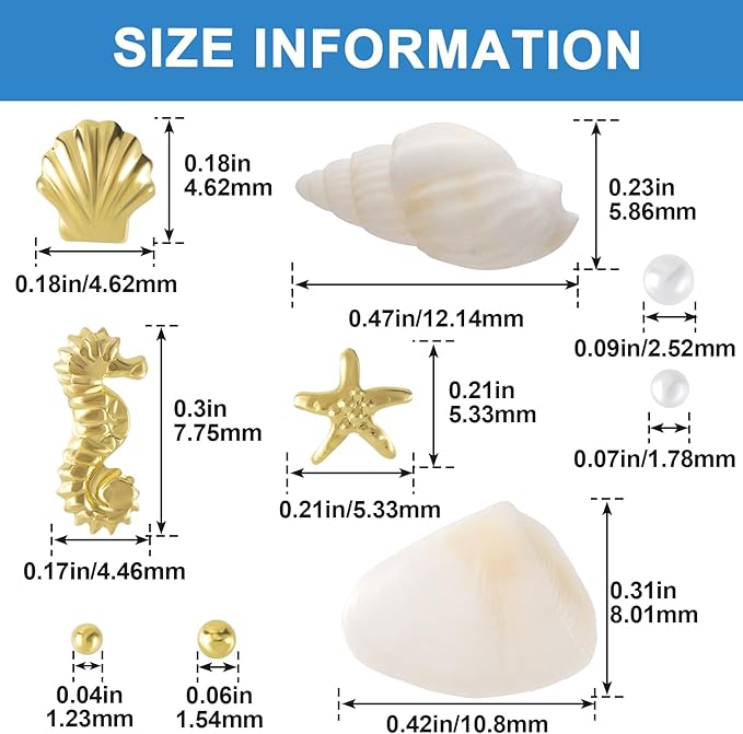 2 Boxes Ocean Nail Art Charms, 3D Metal Nails Stickers, Beach Starfish Seashell Decals Manicure DIY Embellishments for Women- Gold & White