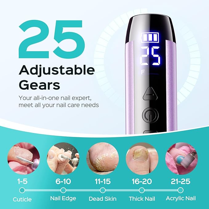 COSLUS C51 Electric Cordless Nail Drill: Professional Nail File with LED Screen & 25 Speeds for Acrylic Gel Dip Powder Removal, Beginner-Friendly for Home DIY & Salon, Portable for Travel, Purple