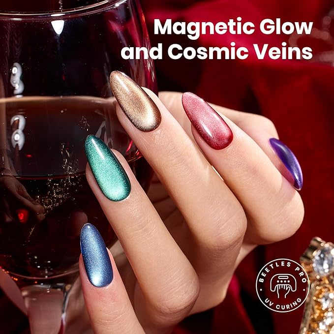 Beetles Cat Eye Gel Nail Polish Set - 6 Colors 15ML Glitter Gel Polish Kit Red Pink Brown Burgundy Purple Blue Green Magnetic Stunning Effect Soak Off UV Nail Art DIY Home Manicure Gift for Women