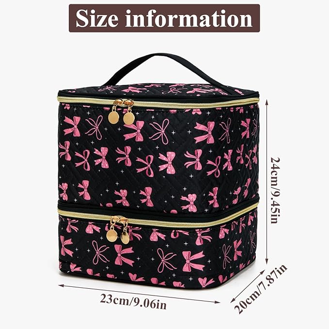 Nail Polish Organizer Aesthetic Nail Organizers and Storage, Bow Nail Supplies Kit Organizer Travel Carrying Case for Manicure Tools (Black, 2 Layer)