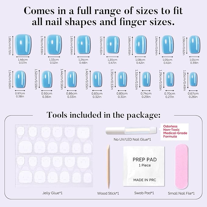 Luxbon Press On False Nails with No-Cure Nail Glue and Tool Kit – Square Acrylic Stick On Nails Soft Gel Tips 30-32pcs Full Size Set, Reusable Fake Nails for Women, White Optical Plating, Blue
