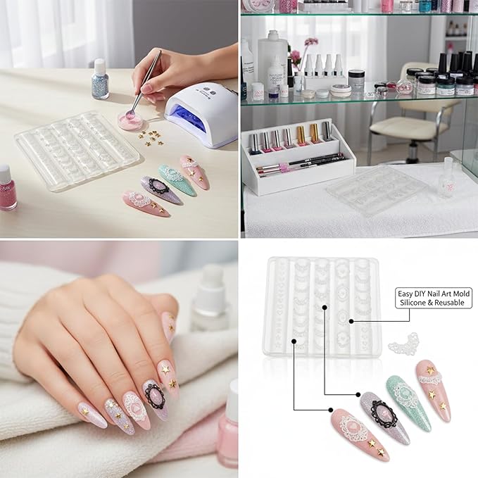 Lace Hearts Nail Mold Silicone DIY 3D French Tips Decoration Molding Tray for Resin Gel Manicure Craft Designs