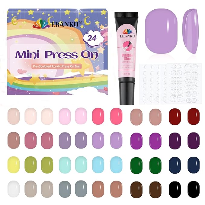 576 Pieces Kids Short Glossy Press on Nails, EBANKU Children False Nails 24 Colors Glossy Acrylic Nails Art Tip for Kids Short Full Cover Fake Nails for Women Girls