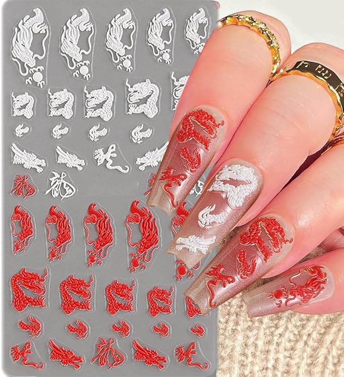 5D Embossed Dragon Nail Art Stickers for Designs - Black White Chinese Dragons Decals for Women - Manicure Supplies for Nails Decor
