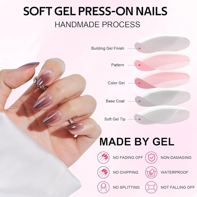 Findigit Ombre Press On Nails Almond Short - Glaze Soft Gel Press on Nails Almond, Glue on Nails with Nail Glue, Reusable Stick on Nails in 16 Sizes,32 Fake Nails Kit,Coffe Ombre