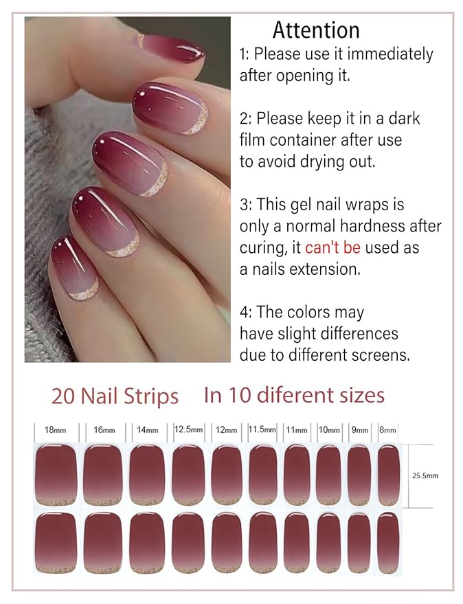 Semi Cured Gel Nail Strips, 20pcs Plum Ombre, Glitter, Gel Nail Stickers UV for Home Nails DIY