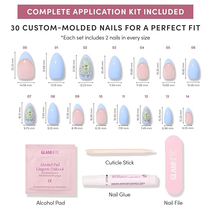 Valentines Day Glamnetic Press On Nails - Angel in Blue | Short Almond Fake Nails in a Soft Powder Blue Hue, Vintage Angel Cherub Graphics, French Tips and 3D | 15 Sizes - 30 Nail Kit with Glue