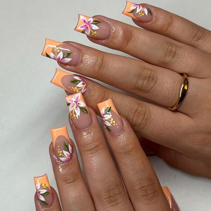 Flower Press on Nails Square Medium Long Fake Nails with Orange French Tip Floral Designs Acrylic Glossy Glue on Nails Press ons Fall Stick on Nail for Women 24 Pcs
