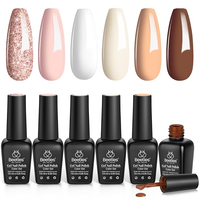 Beetles Gel Nail Polish Set, 6 Colors Nude Brown Pink Milky White Glitter Gel Polish Set Soak Off Uv Led Lamp Manicure Gifts for Women