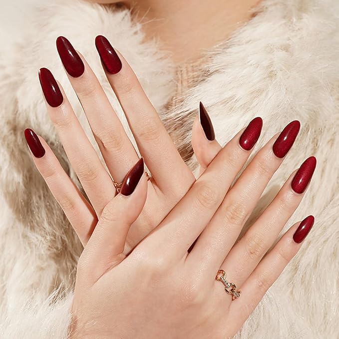 Semi Cured Gel Nail Strips - 20Pcs Burgundy UV Gel Nail Wraps with Wine Red Design, Long Lasting Salon-Quality Stickers, Includes Nails File & Wooden Stick - UV/LED Lamp Required