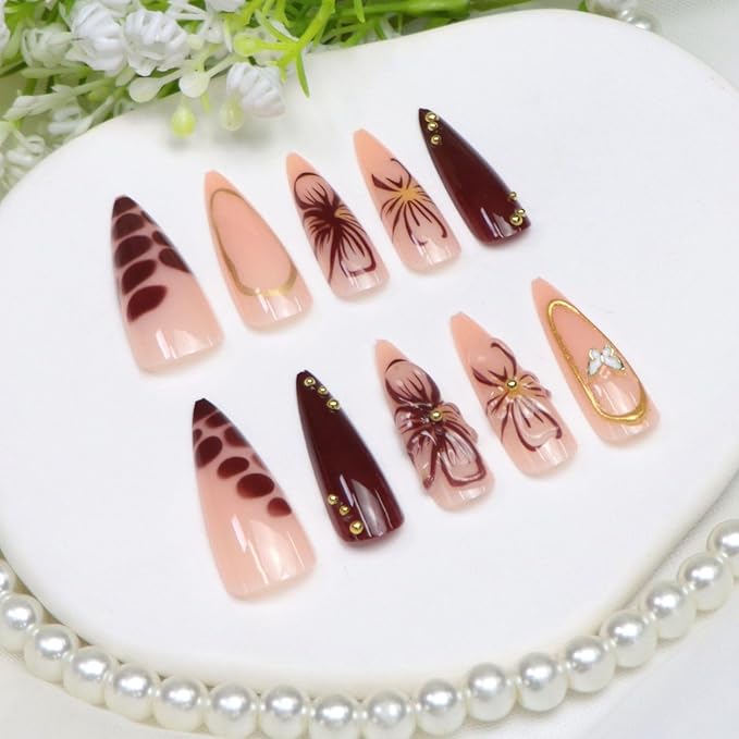 Long Press on Nails Stiletto Fake Nails with Flower Golden Beads Lines Butterfly Charm Designs Brown Nude Full Cover Glue on Nails Press ons Acrylic Glossy Stick on Nail for Women 24 Pcs