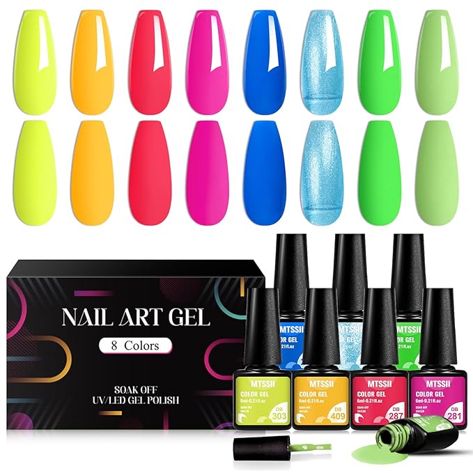 MTSSII Neon Gel Nail Polish Set, 8 Colors Hot Pink Orange Yellow Green Blue Red Neon Pastel Color Spring Summer Nail Polish Kit Fluorescent Gel Polish Set for Home DIY Manicure Nail Salon