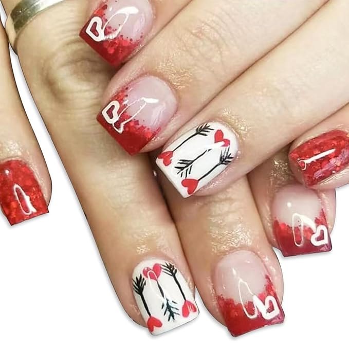 Valentines French Tip Press on Nails Short Square False Nails Red Heart Valentines Nails Design Glossy Glue on Nails Artificial Stick on Nails Full Cover Acrylic Nails for Girls Women 24Pcs