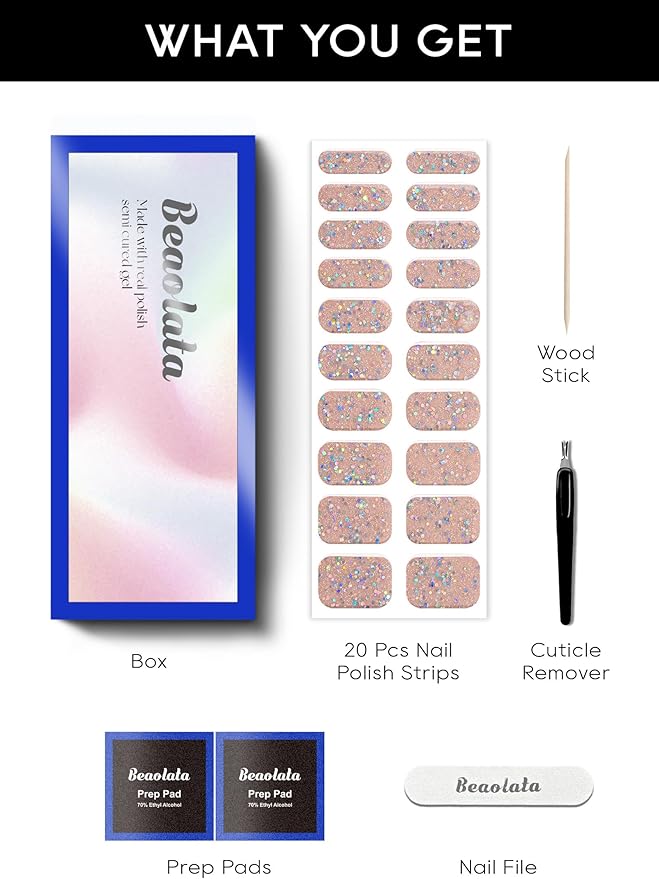 Semi Cured Gel Nail Strips - UV Light Gel Nail Stickers - 20 Long Lasting Salon Quality Wraps (Fairy Sparkle Pink)