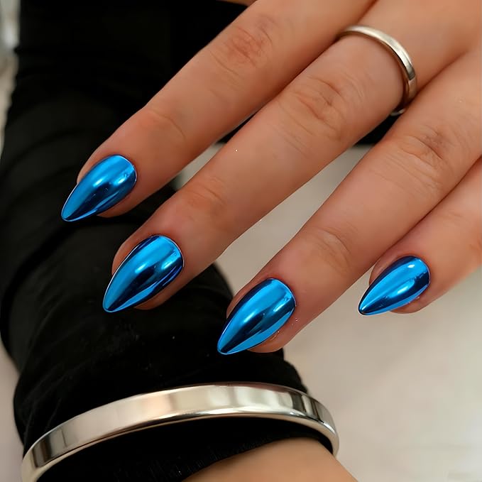 Chrome Press on Nails Short Almond, Metallic Royal Blue Fake Nails with a Sparkle Mirror Finish, Glitter Glue on Nails for Women Birthday Party, Thick Quality Soft Gel Nail Press ons 30 Pcs