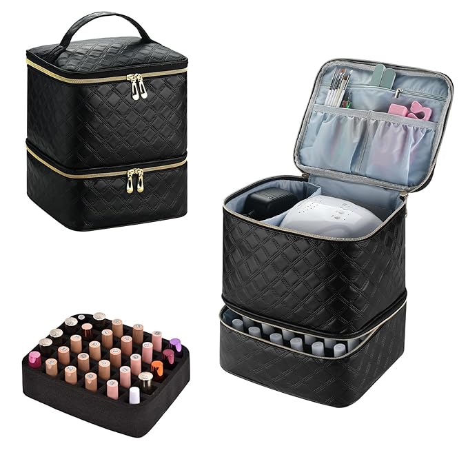 Upgraded Nail Polish Organizer Case - Holds 30 Bottles and 1 Nail Light, Double-layer Nail bag Organzier Case Nail Polish Storage Bag with Handles (Style B-Checker Black)