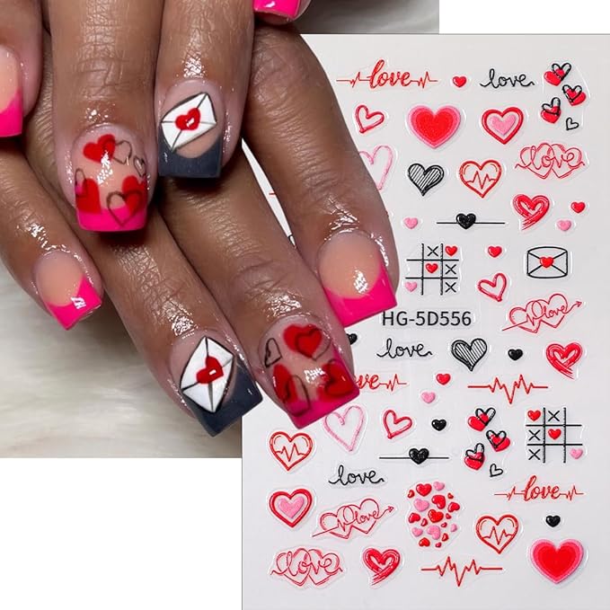 2Sheets 5D Valentines Nail Art Stickers Embossed Love Letter Rose Flower Design Cute Nail Decals Romantic Heart Nail Stickers Self Adhesive Wedding Nail Art Supplies Accessories for Women Manicure