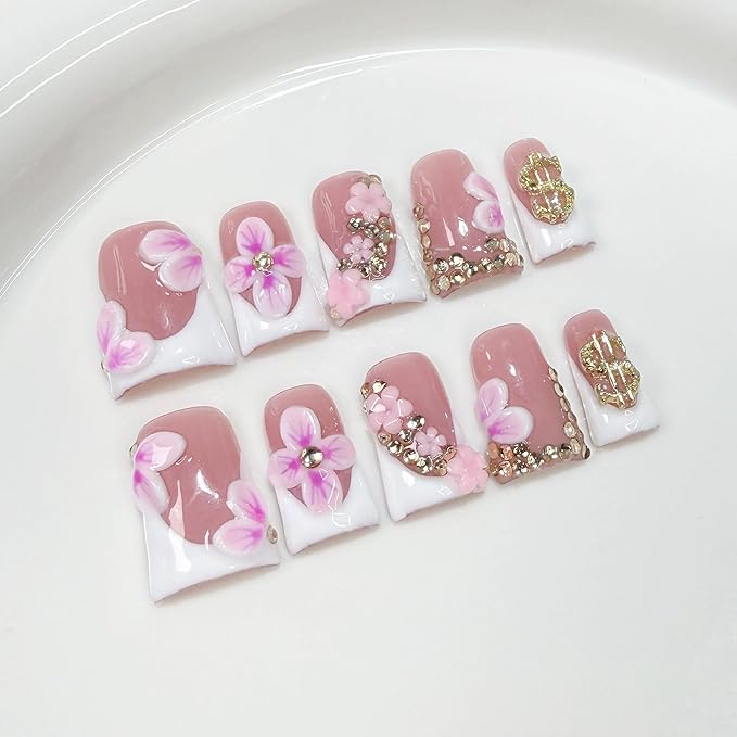 10Pcs Press On Nails Handmade Medium Duck Fake Nails White French Tips False Nails with 3D Flower Art Designs Reusable Acrylic Artificial Stick On Nail for Women Manicure (Size M)