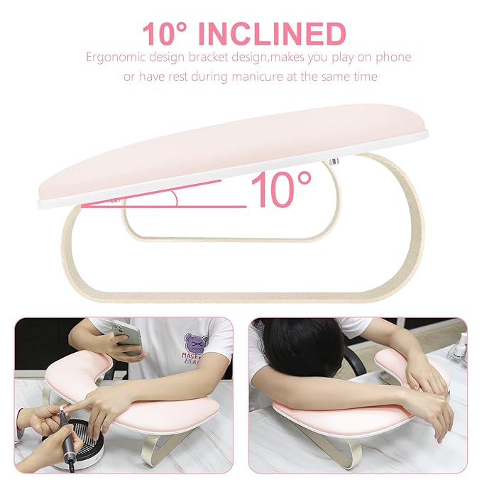 Manicure Arm Rest for Nails Tech, Cleanable Leather Nail Arm Rest Stand, U Shaped Hand Rest Pillow for Acrylic Nail Salon Home Use, Aluminum Alloy Bracket(Pink）