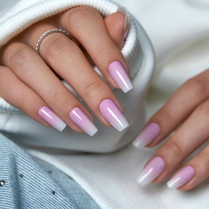 CurvLife Pink Ombre Press On Nails for Women, Medium Square Soft Gel Fake Nails, Nude Pink to White French Gradient Glue On Nails Kit with Nail Glue & Tools, Salon Quality Spring Nails