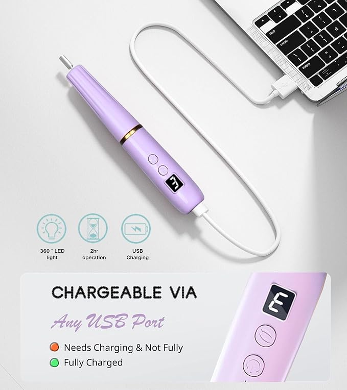 Electric Nail Drill Machine File Efile Set for Acrylic Gel Nails Portable Nail Drill Machine Kit Rechargeable Pedicure Tools for Hand Feet Manicure Pedicure Tools Polishing Set (Purple)
