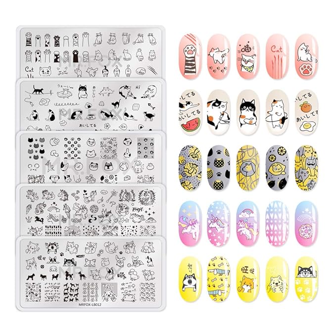 MR.FOX 5 pcs Nail Printing Board Set a Variety of cat Claws Kittens Puppies Unicorns and Other Patterns Art DIY Stamping templates