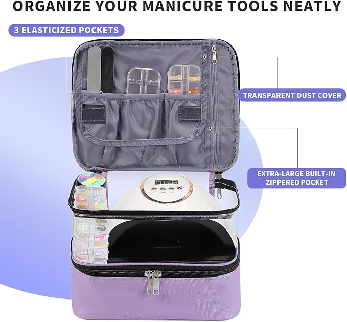 Clear Nail Polish Organizer Double layer Nail Polish Holds 30 Bottles and Nail Lamp, Nail Dryer Case Storage Supplies with Adjustable Dividers, Portable Nail Carrying Bag for Nail Tech (Purple)