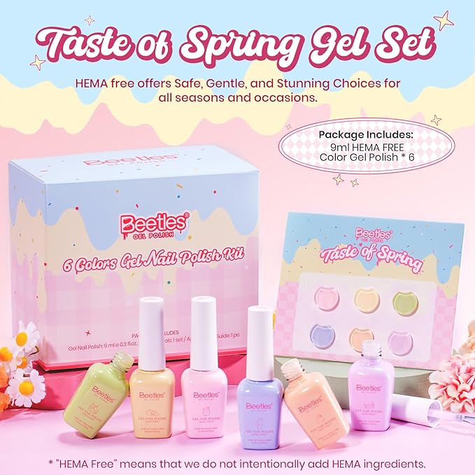 Beetles Pastel Gel Polish Set - Taste of Spring Colleciton, 6 Easter Colors 15ML Pastel Blue Pink Yellow Purple Color Polish Set Trendy Colors Uv LED Lamp Salon DIY at Home Nails Gifts for Women