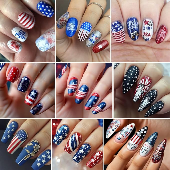 6Pcs Independence Day Nail Stickers for Nail Art - Celebrate 4th of July Nail Decals 3D Self-Adhesive USA Flags Heart Star Bow Eagle Design Firework Sticker for Memorial Day DIY Patriotic Nail Decor